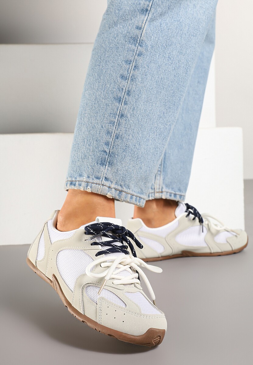 Beżowo-Szare Sneakersy z Kontrastującymi Sznurówkami i Przeszyciami Nanlita