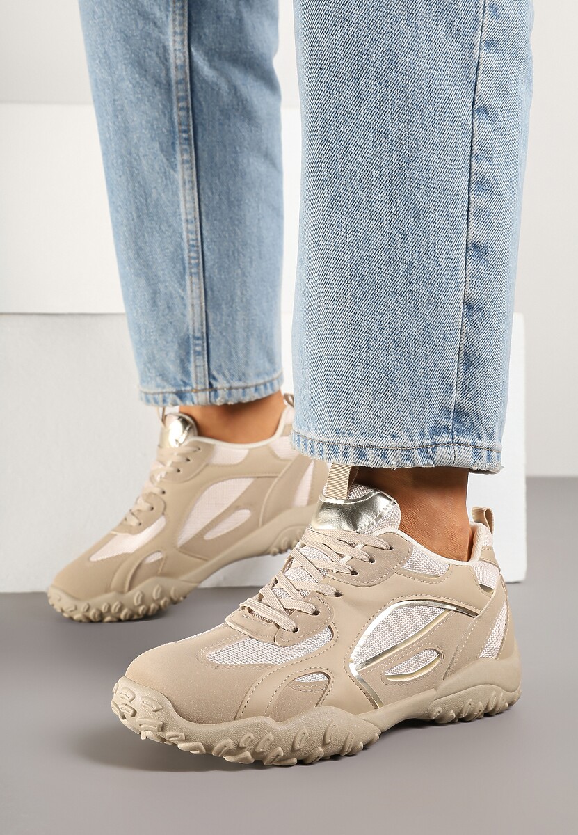 Ciemnobeżowe Sneakersy Ozdobione Tłoczoną Cholewką Pillitha