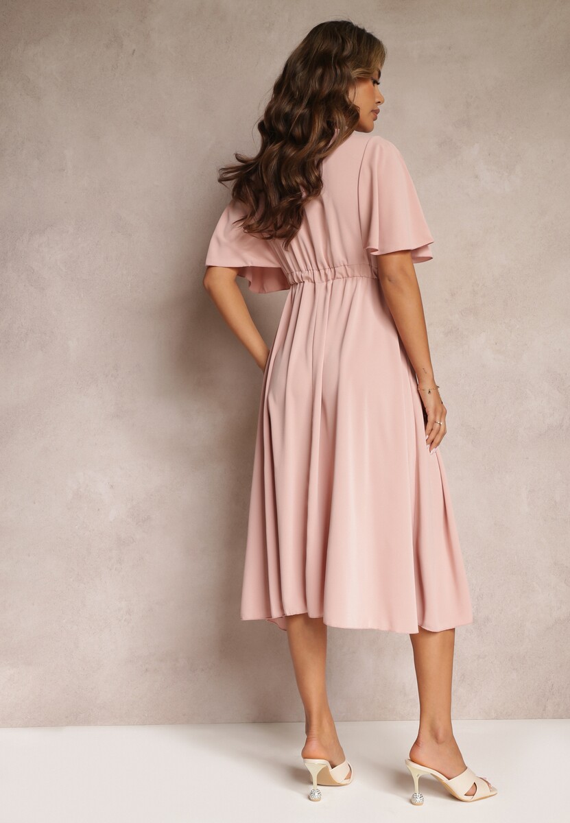 Ciemnoróżowa Sukienka z Gumką w Talii Krótkim Rękawem i Kopertowym Dekoltem Kelila