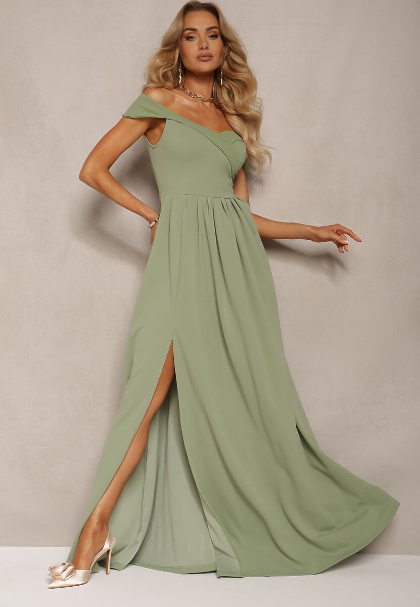 Fioletowa Elegancka Długa Sukienka Hiszpanka Wykończona Rozcięciem na Dole Idelia