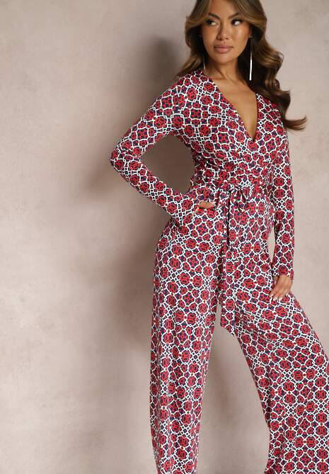 Czerwono-Biały Kombinezon w Geometryczne Wzory z Szerokimi Nogawkami i Paskiem w Talii Soliti