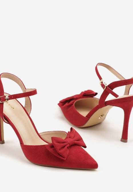 Czerwone Sandały na Szpilce Vices z Kokardą Saralin