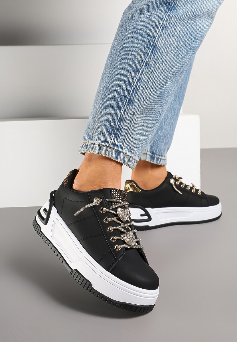 Czarne Sneakersy na Platformie Ozdobione Cyrkoniami Deomaria