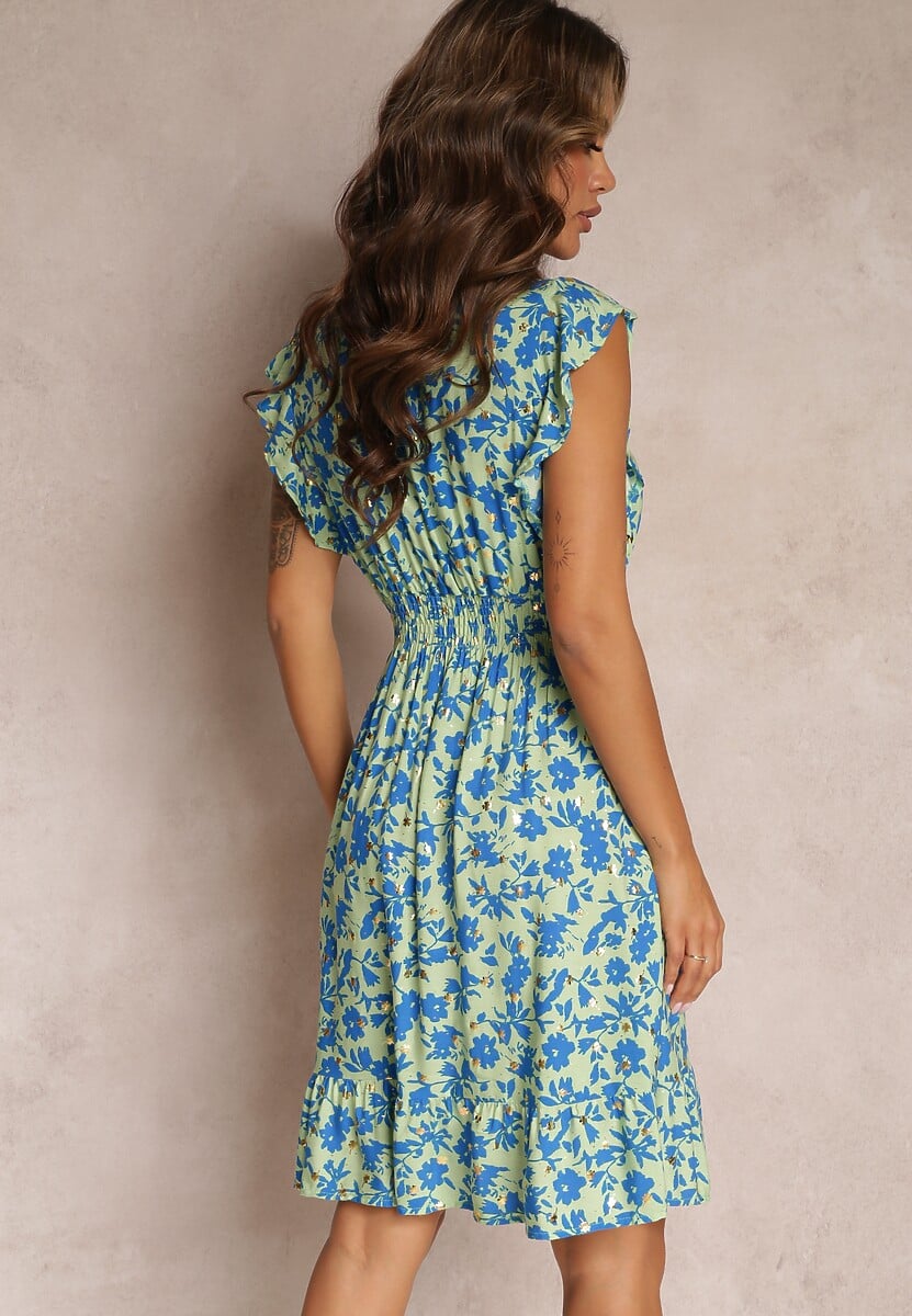 Jasnozielona Wiskozowa Sukienka o Rozkloszowanym fasonie z Metalicznym Nadrukiem Aurasana