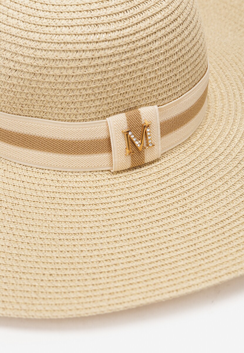Jasnobeżowy Szeroki Kapelusz Słomiany z Ozdobą w Cyrkonie Jazzed