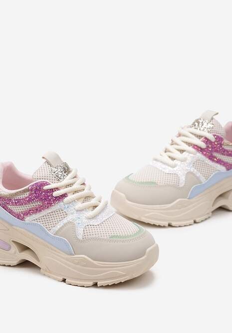 Beżowo-Różowe Sneakersy na Grubej Podeszwie z Siateczką i Błyszczącymi Detalami Xernnia