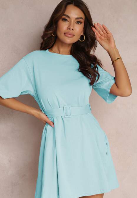 Jasnoniebieska Rozkloszowana Sukienka Mini z Bawełny z Dodatkowym Paskiem Seibeia