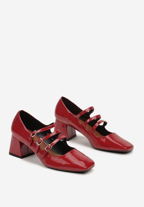 Bordowe Czółenka na Obcasie Lakierowane Typu Mary Jane z Cienkimi Paskami Revessa
