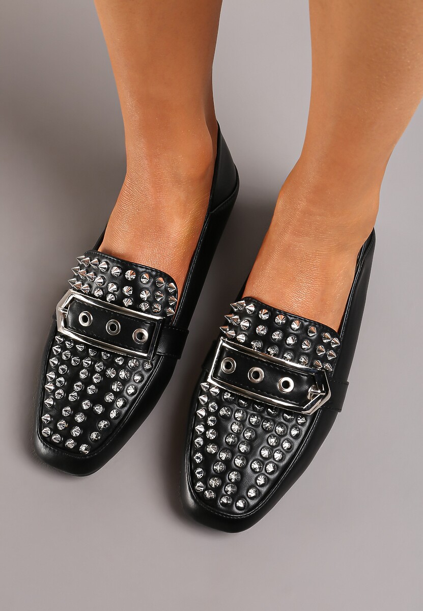 Czarne Płaskie Mokasyny Ozdobione Ćwiekami na Kwadratowym Nosku Rosagold