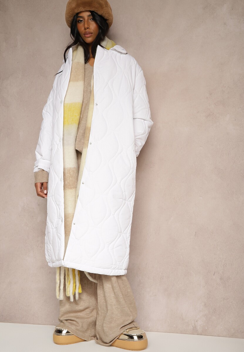Biały Długi Płaszcz Kurtka Ozdobiona Pikowaniem Hamid