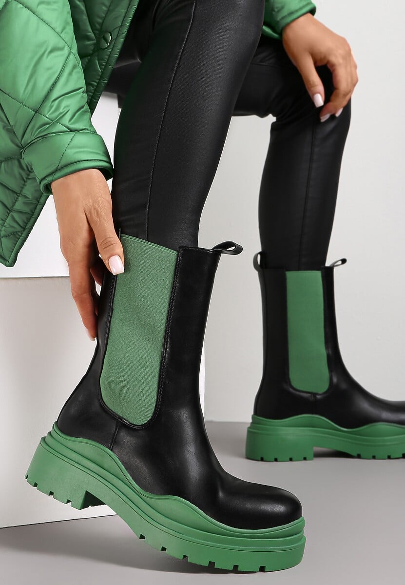 Czarno-Zielone Botki Sztyblety z Kolorowymi Wstawkami i Podeszwą Balke