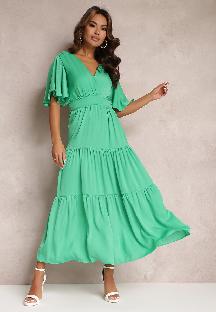 Zielona Sukienka Rozkloszowana z Falbankami i Odkrytymi Plecami Gallasia