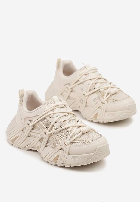 Beżowe Sneakersy na Platformie z Cyrkoniami i Geometrycznym Wzorem Lavivione