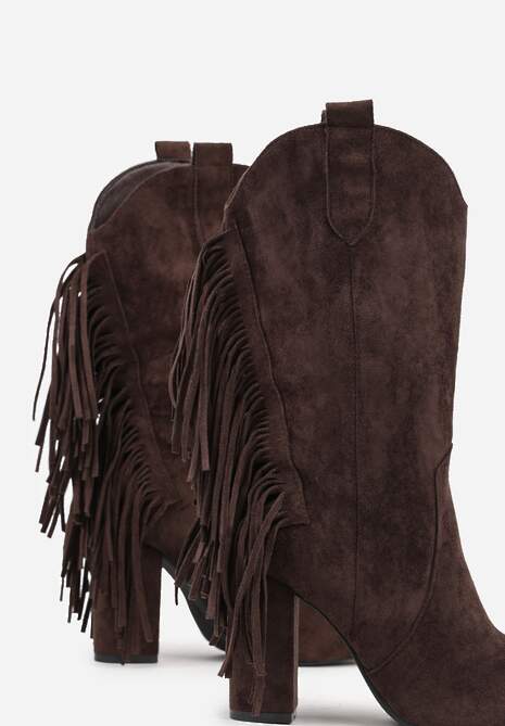 Brązowe Botki Kowbojki na Słupku Ozdobione Frędzlami Reikka