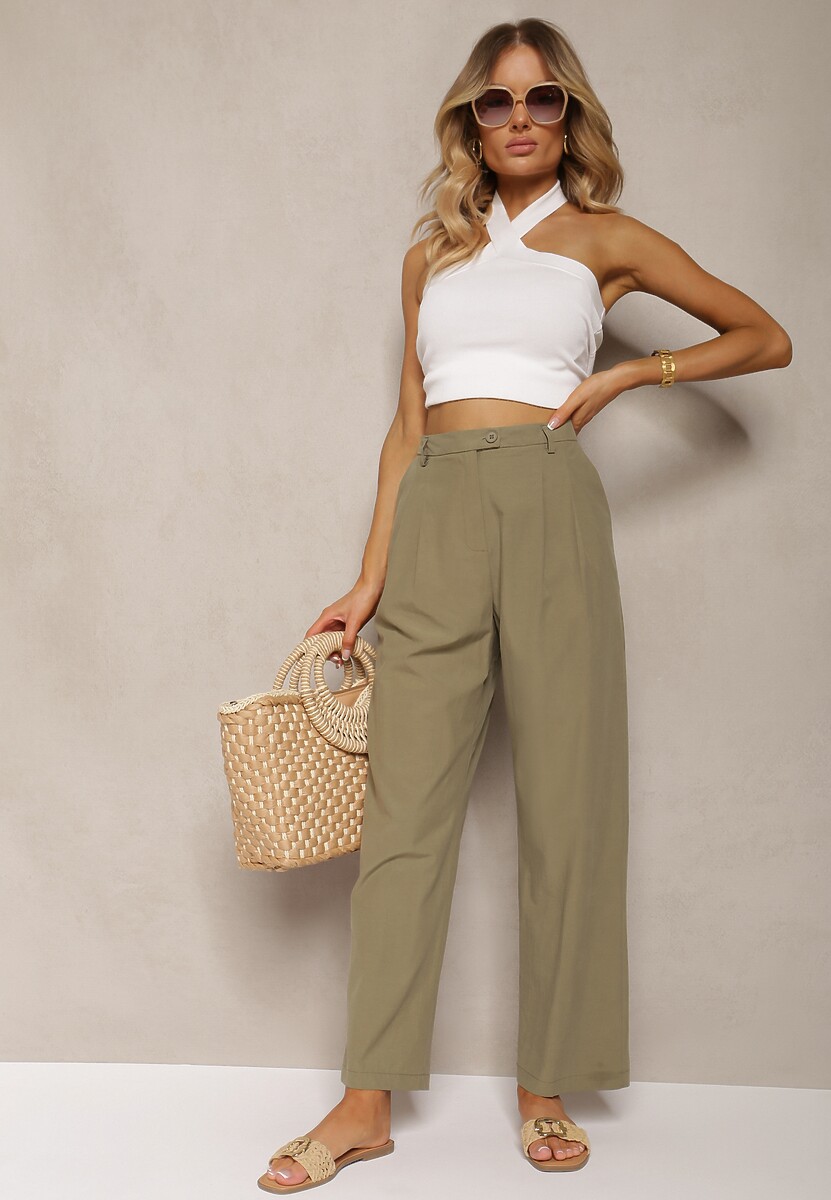 Zielone Bawełniane Spodnie Garniturowe z Szerokimi Nogawkami Befia