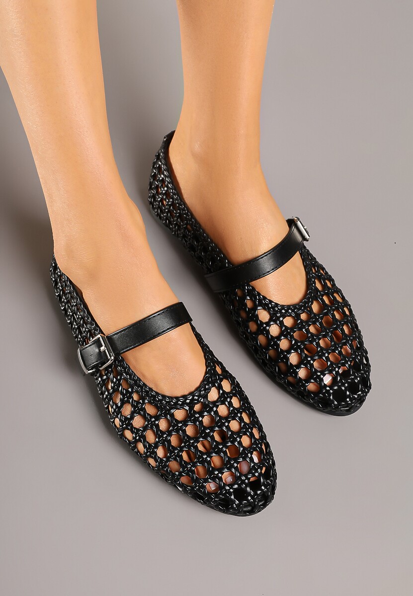Czarne Balerinki Ozdobione Paskiem i Plecionką Linalanna