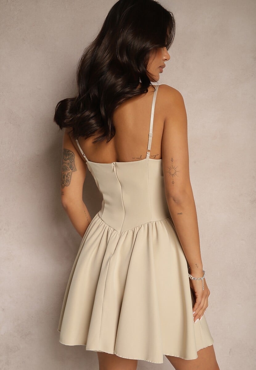 Beżowa Rozkloszowana Sukienka z Gorsetową Górą na Ramiączkach Leannith