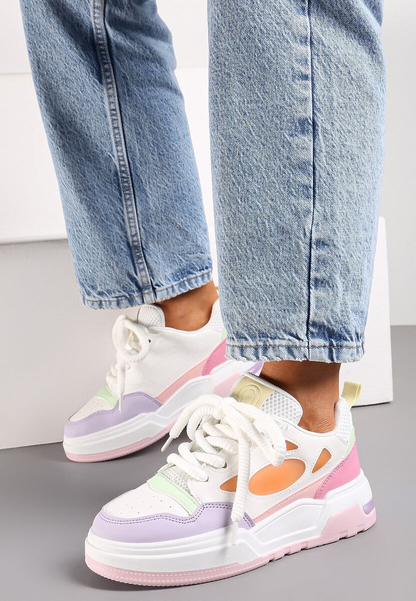 Biało-Fioletowe Sneakersy na Niskiej Platformie z Grubymi Sznurowadłami Vansyla