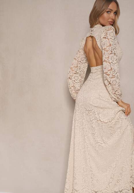 Beżowa Koronkowa Koktajlowa Sukienka o Rozkloszowanym Kroju z Odkrytymi Plecami Felillia