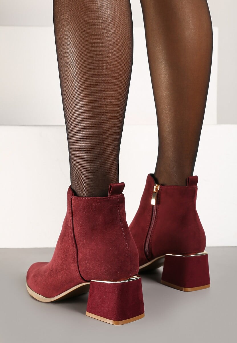 Bordowe Botki z Ekozamszu na Niskim Obcasie Zdobionym Metaliczną Wstawką Brievia