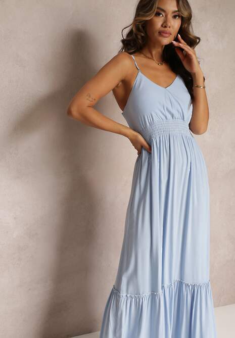 Niebieska Rozkloszowana Sukienka Maxi na Cienkich Ramiączkach z Gumką w Talii i Kopertowym Dekoltem Onveva