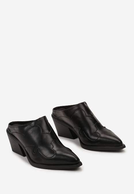 Czarne Klapki Kowbojki ze Ściętym Obcasem z Przeszyciami i Noskiem w Szpic Manette