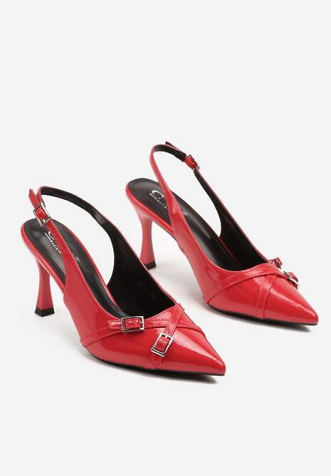 Czerwone Sandały Lakierowane na Szpilce z Ozdobnymi Klamrami Delaiona