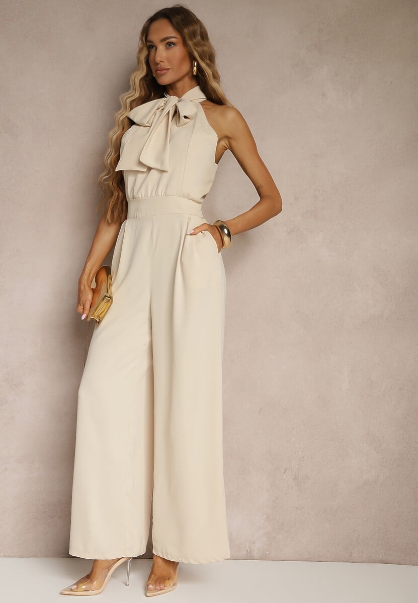 Beżowy Kombinezon Ozdobiony Kokardą Milireia