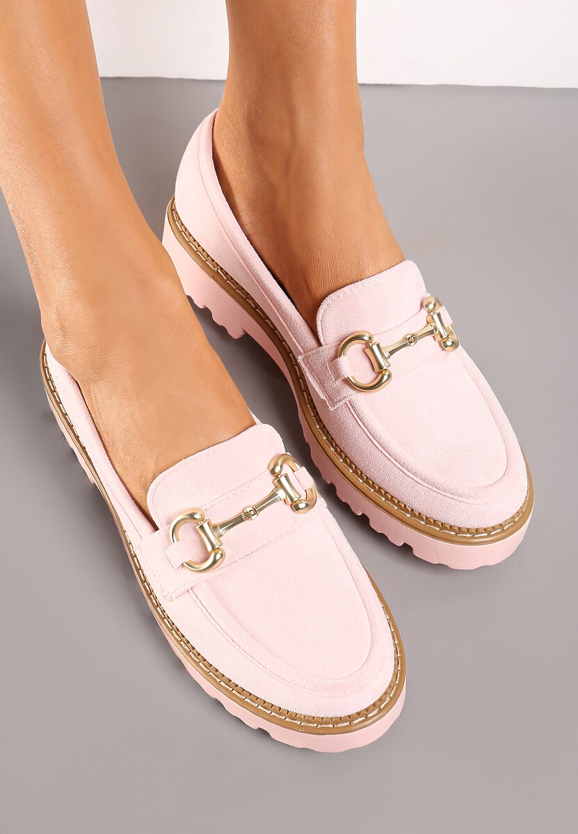 Różowe Mokasyny z Imitacji Zamszu i Ozdobną Klamerką Zanita