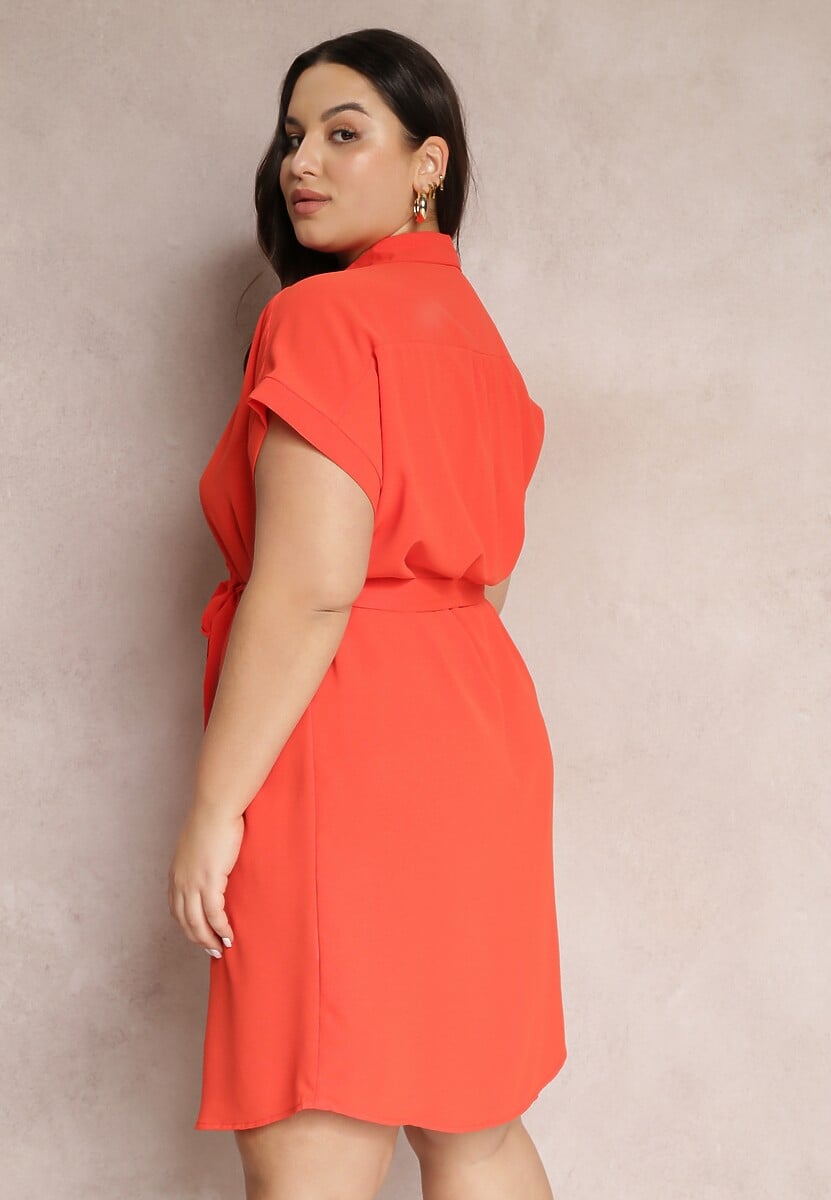 Pomarańczowa Sukienka Koszulowa Wiązana w Pasie z Krótkimi Rękawami Wellwood