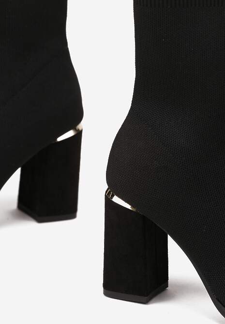 Czarne Botki na Słupku z Metaliczną Wstawką i Elastyczną Cholewką Idema
