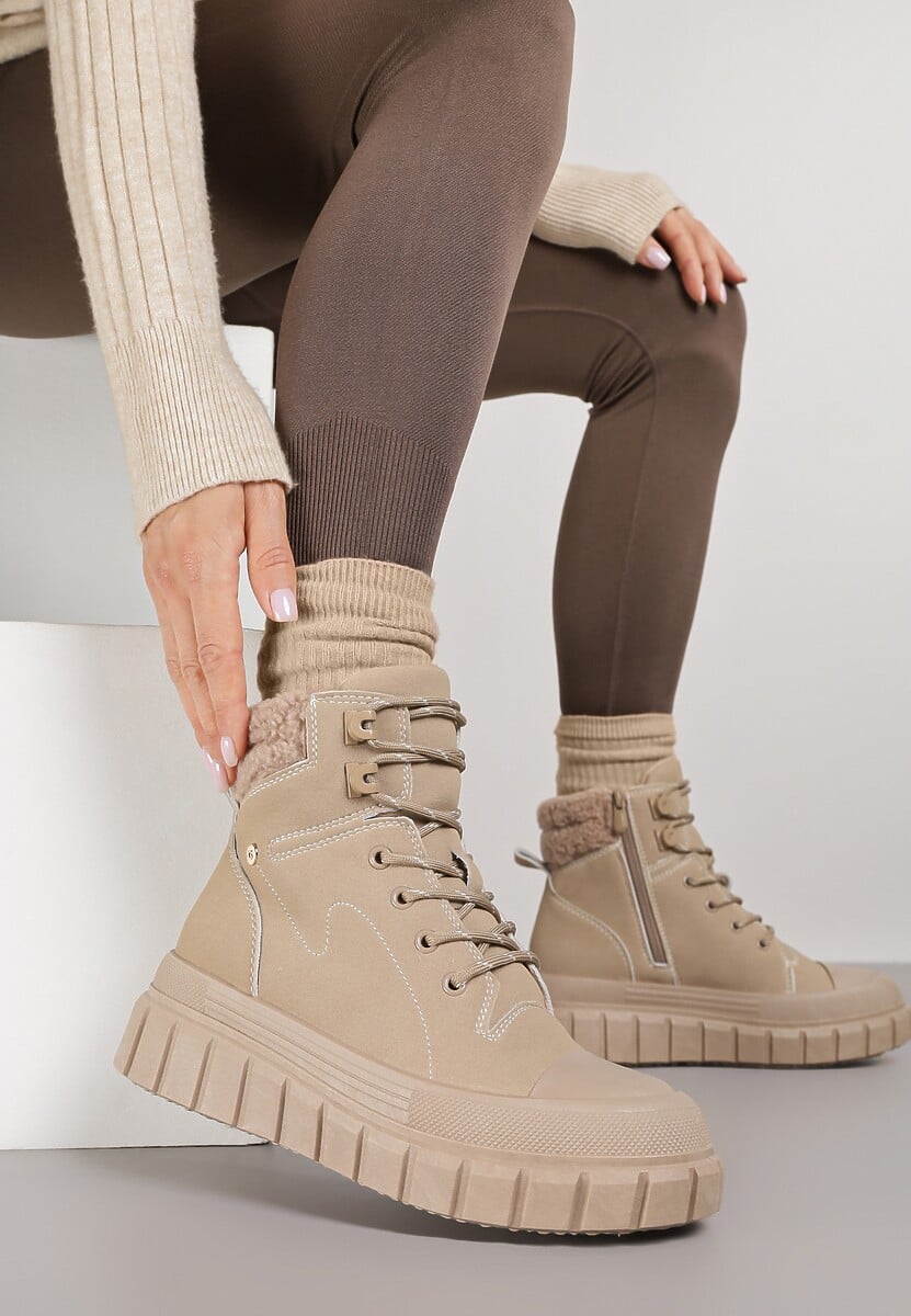 Ciemnobeżowe Botki Trapery Vices na Platformie z Tłoczeniem Anarrive