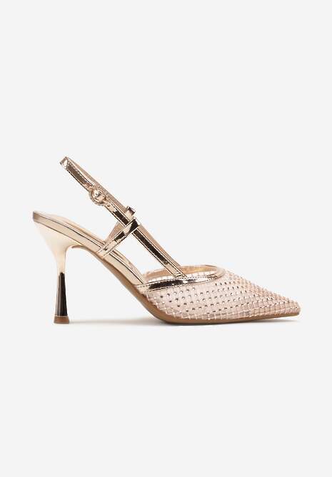 Szampańskie Sandały na Szpilce Vices z Siateczkową Cholewką z Cyrkoniami Liramire