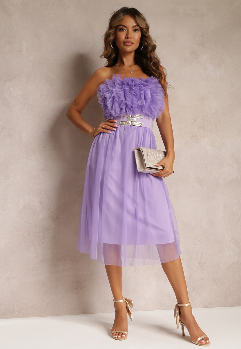 Fioletowa Tiulowa Sukienka bez Ramiączek z Falbankami Tremone
