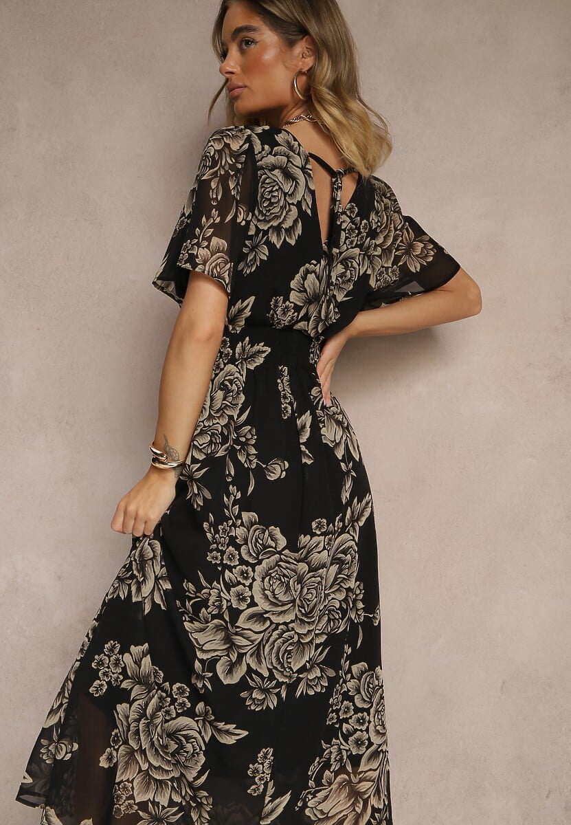 Czarna Rozkloszowana Sukienka z Wiązaniem w Kwiatowy Wzór Jeloiti