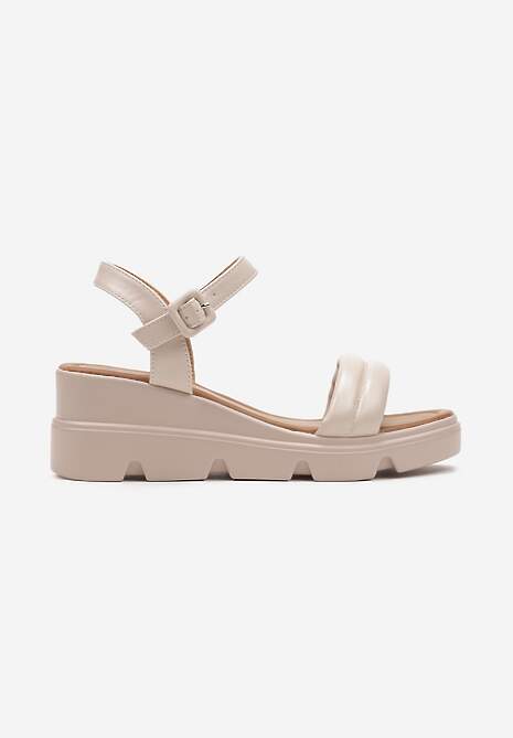 Beżowe Sandały z Ekoskóry Zapinane Przy Kostce na Koturnie Gazina