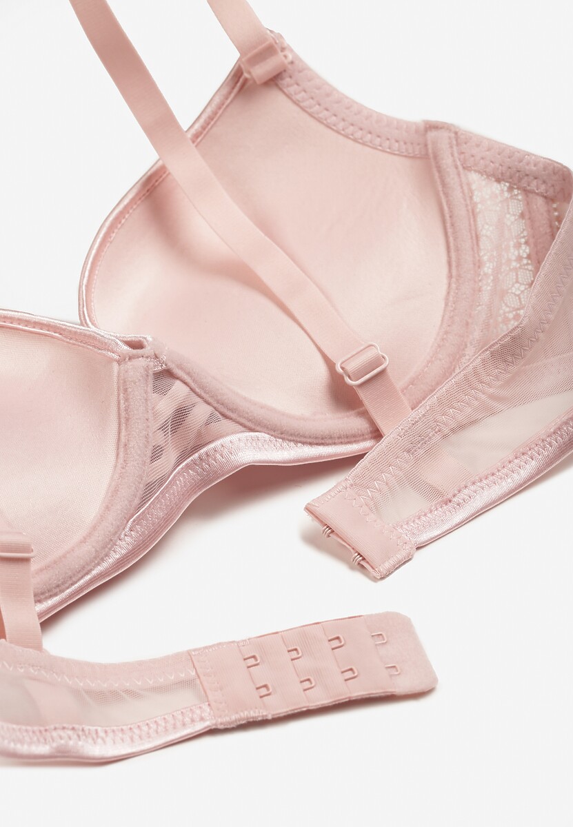 Różowy Biustonosz o Fasonie Push Up Ozdobiony Koronką i Cyrkoniami Topazia