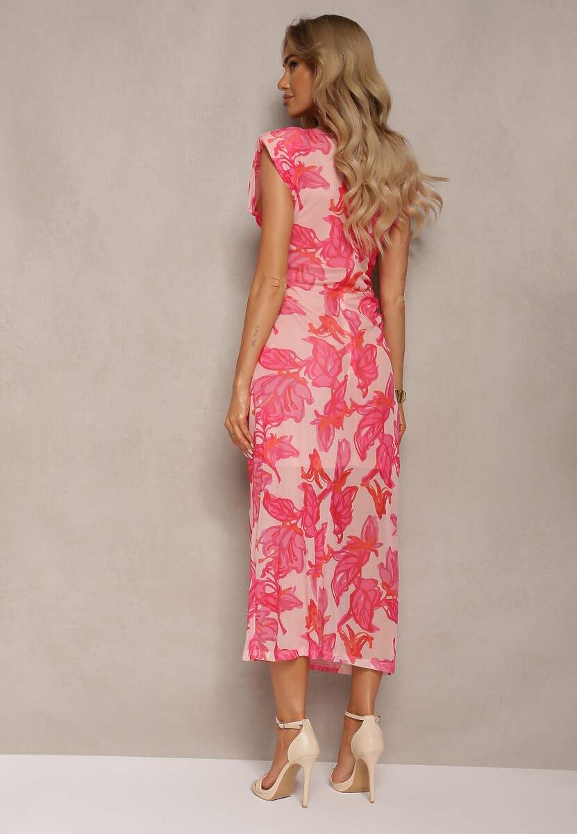 Różowa Dopasowana Sukienka z Siateczki w Kwiaty Zoneri