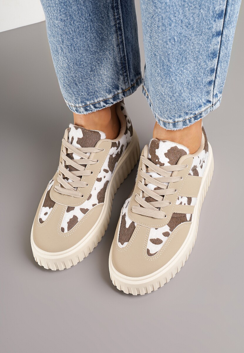 Brązowo-Białe Sneakersy na Tłoczonej Platformie z Paskami Ozdobione Printem w Krowie Łaty Rilasena