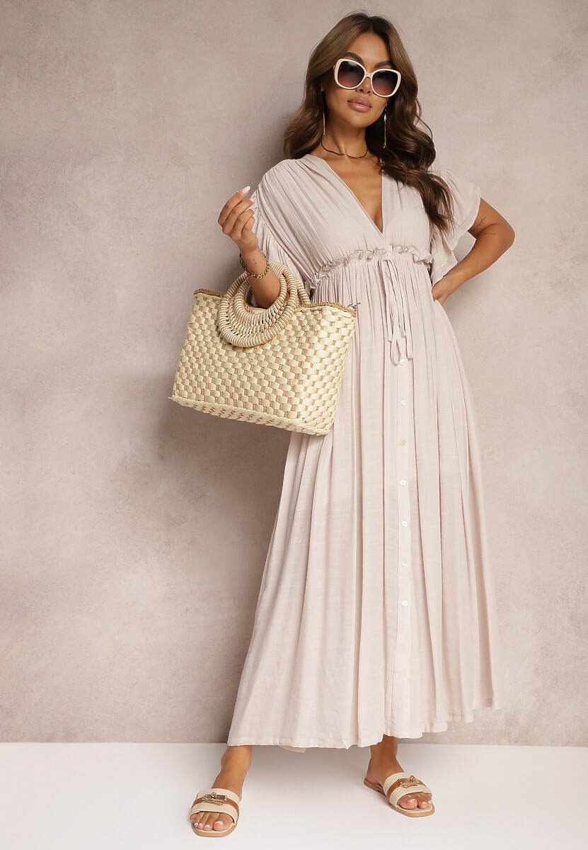 Beżowa Bawełniana Sukienka z Gumką w Talii i Falbankami Rivatia