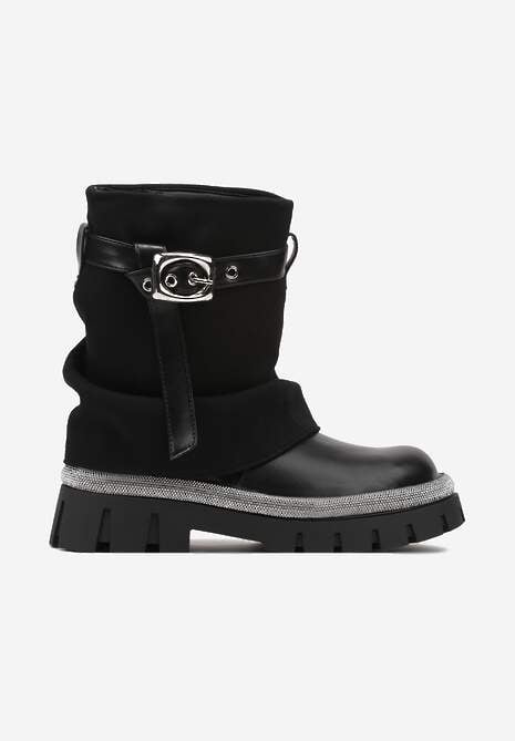 Czarne Botki z Cholewką Imitującą Nogawkę Zdobione Cyrkoniami i Paskiem z Klamrą Toriyana