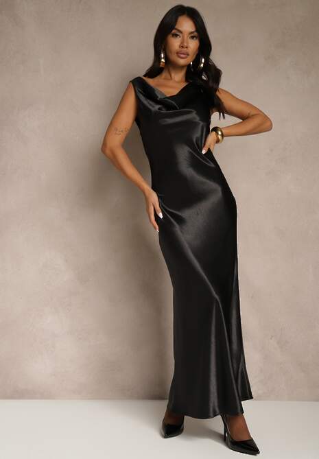 Czarna Satynowa Wiskozowa Sukienka Koktajlowa z Bawełną Deleisana