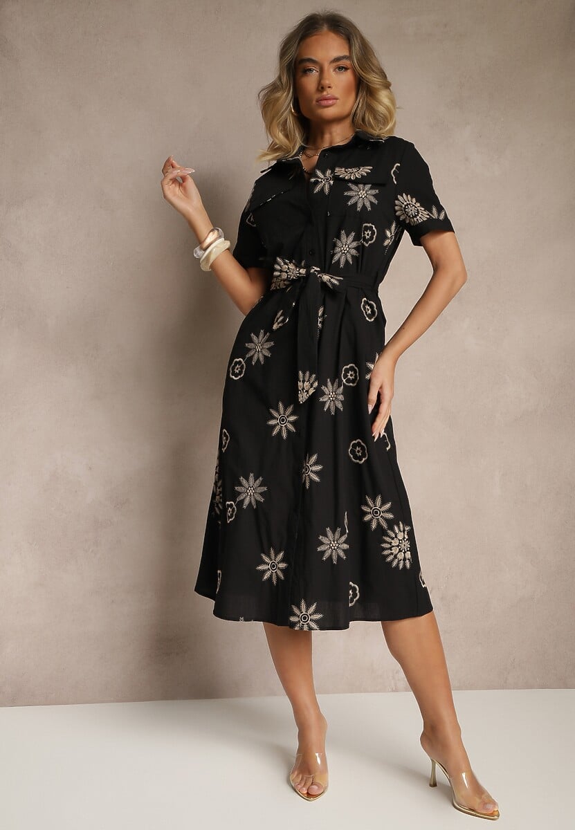 Czarna Wiskozowa Sukienka Koszulowa Ozdobiona Paskiem i Haftem Divaloria