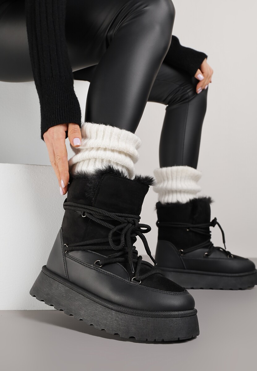 Czarne Śniegowce na Platformie Ozdobione Futerkiem Anwedea