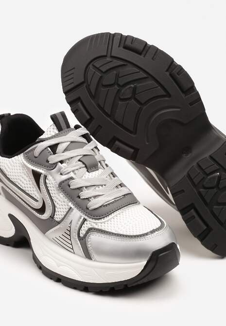 Biało-Srebrne Sneakersy na Profilowanej Podeszwie z Siateczkowymi Wstawkami Parinella