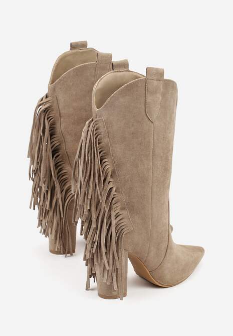 Ciemnobeżowe Botki Kowbojki na Słupku Ozdobione Frędzlami Reikka