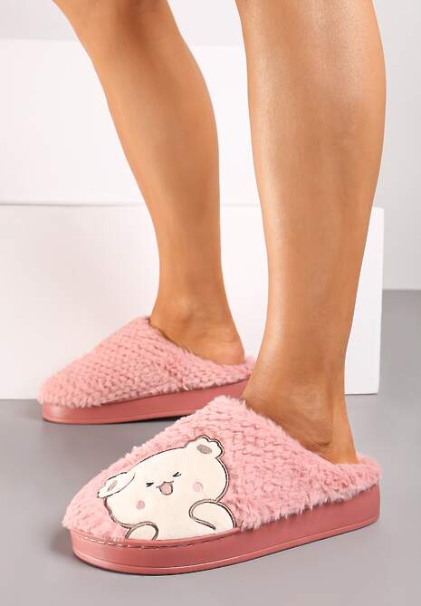 Ciemnoróżowe Kapcie na Platformie Ozdobione Haftowanym Motywem Laorisia