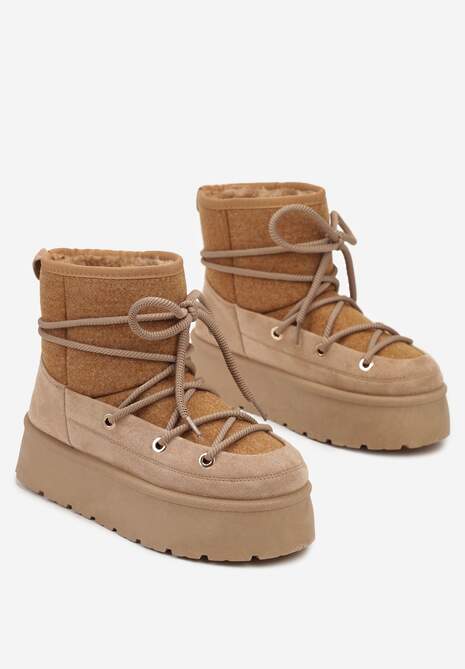 Ciemnobeżowe Śniegowce na Platformie ze Sznurowaniem Werilina