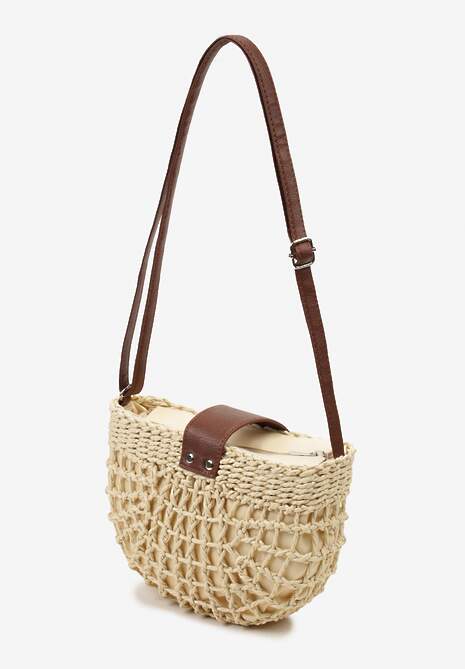 Jasnobeżowa Pleciona Torebka na Regulowanym Pasku z Zapięciem na Zatrzask i Suwak Setelia