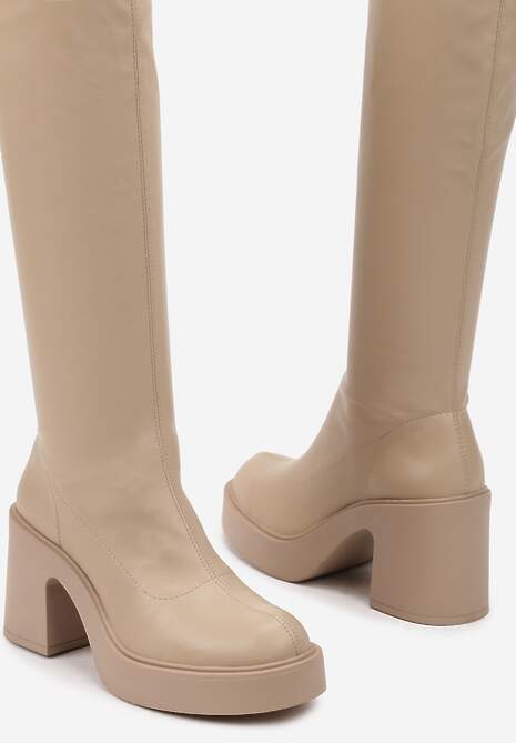 Beżowe Kozaki na Platformie i Słupku z Dopasowaną Cholewką Astila